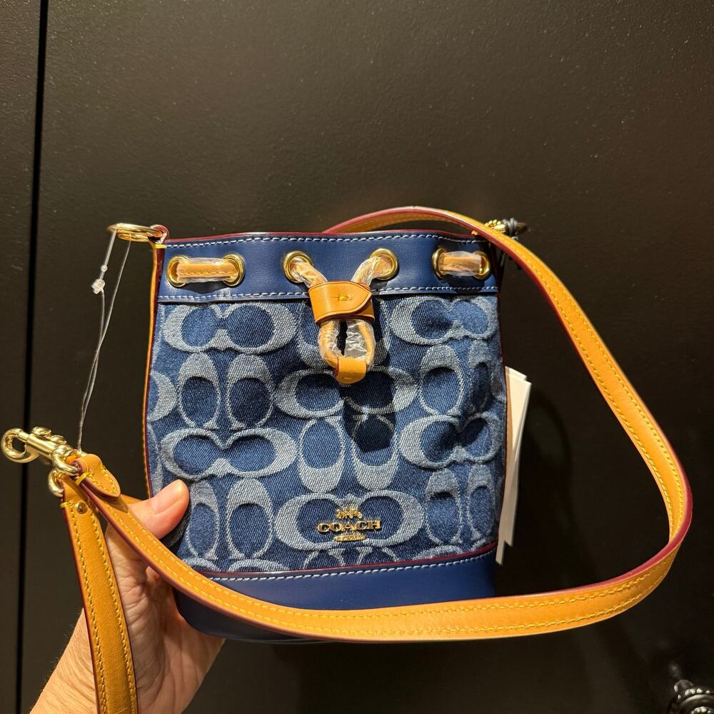 Coach Blue Denim Signature Drawstring Crossbody Bag with Tan Trim - Picture 8 of 12